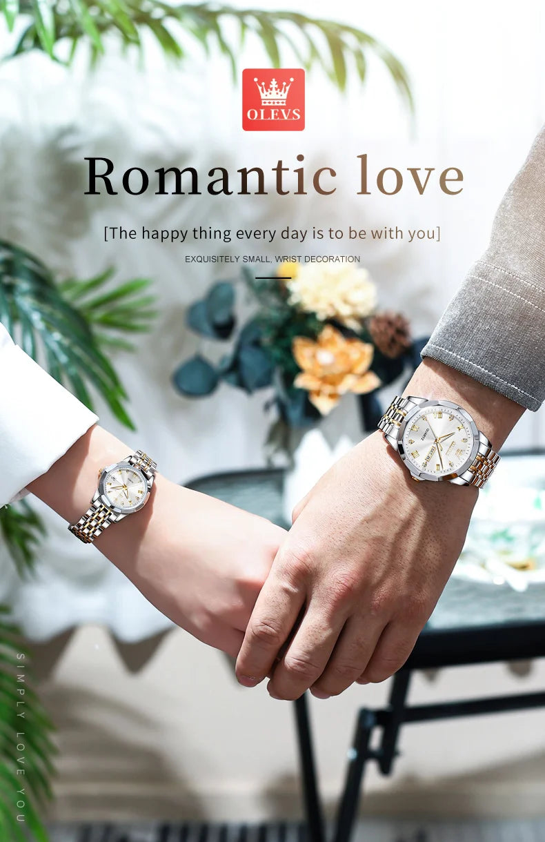 OLEVS 9931 Top Original Couple Watch Stainless Steel Rhombus Mirror Design Luxury Quartz Watch for Men Women Lover's Wristwatch