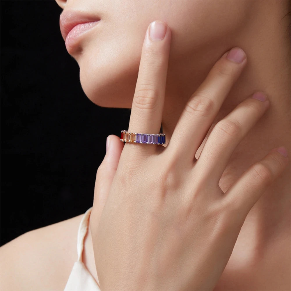 Wong Rain 925 Sterling Silver Emerald Cut 3*4 MM Lab Sapphire Gemstone Wedding Party Row Rings Fine Jewelry Band Gifts Wholesale