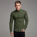 Men's Shirt Fashion Full Sleeve Shirt Men's Muscle Casual Slim-fit Business Dress Solid Color Shirt Men's Gym Fitness Men Shirt