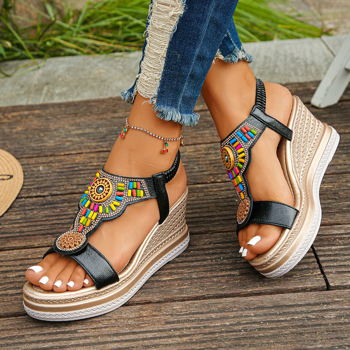 Women Sandals Bohemian Style Wedge Sandals Summer Thick Sole Non Slip Beach Shoes Woman Colorful Bead Chunky Platform Sandals