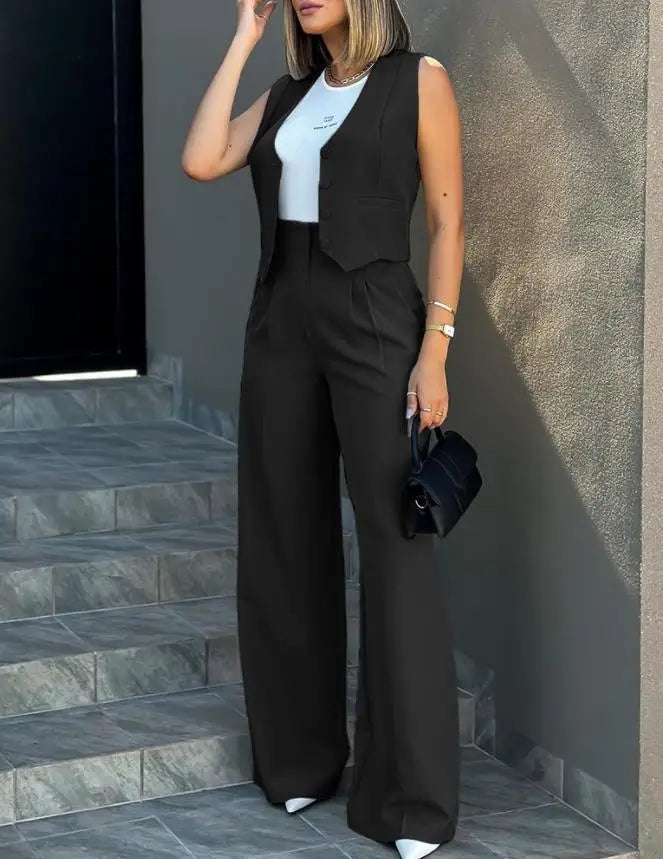 Pant Sets Women Wide Leg Pants Two Piece Suit Single Breasted Vets Sleeveless High Waist Elegant Trousers Pockets Solid Outwear