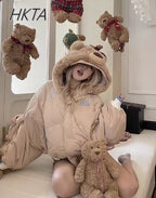 2024 Winter New Cute Rabbit Bear Warm Cotton-padded Coat Women Clothes Sweet Girls Loose Kawaii Long-sleeved Jackets Casacos