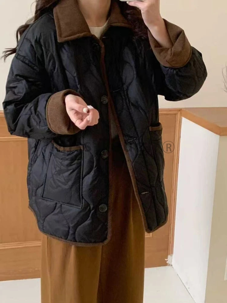 Winter New Fashion Corduroy Light Down Jacket Women Warm Casual Korean Vintage Outdoor Overcoat Loose Retro Cotton-padded Coat