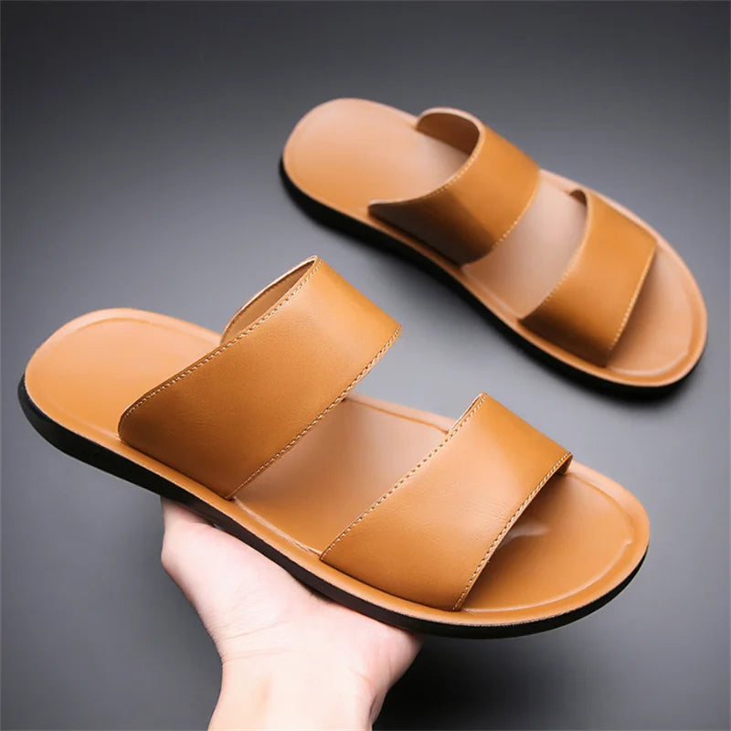 Slippers for Men Luxury Brand Leather Casual Slippers 2025 Summer New Beach Slippers for Men Non Slip Flat Sandals Large Size48