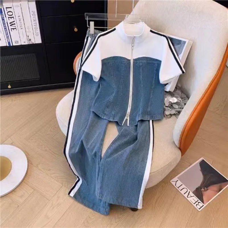 Pant Set Women Two Piece Sets Denim Splice Zipper Matching Sets Casual Coats Wide Leg Long Pants Lace Up Elastic Waist 2025