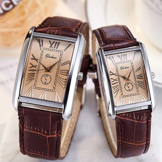 Fashion Couple Watch Luxury Rectangle Dial Women Quartz Watch Men Leather Band Casual Women Leather Wristwatch Relogio Masculino