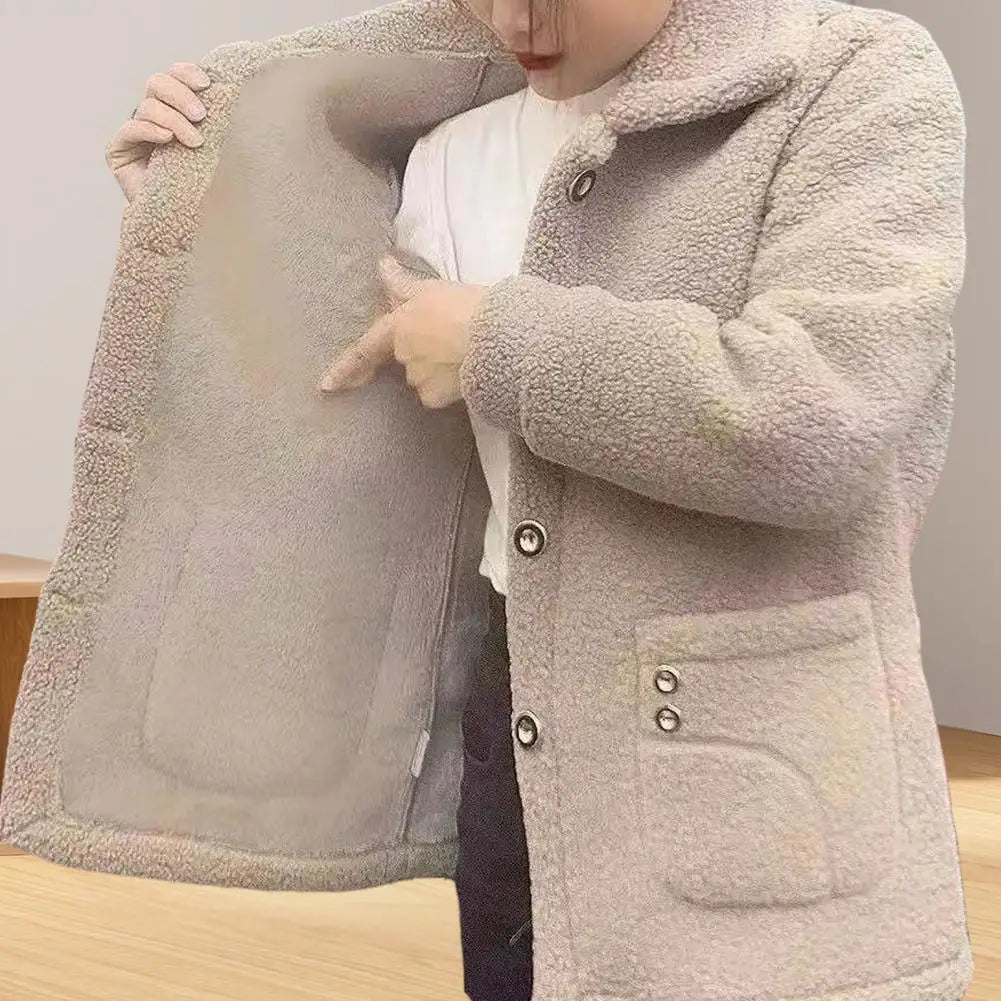 Winter Fleece Coat Single-breasted With Side Pockets Turn-down Collar Coat Coldproof Solid Color Long Sleeves Outwear Jacket