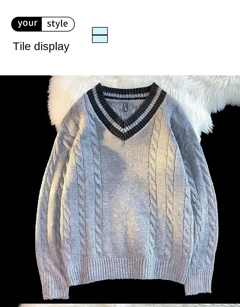 Autumn and Winter New 2024 Men's Casual Fashion Simple V-neck Loose Warm Sweater Men's Home Decoration Casua