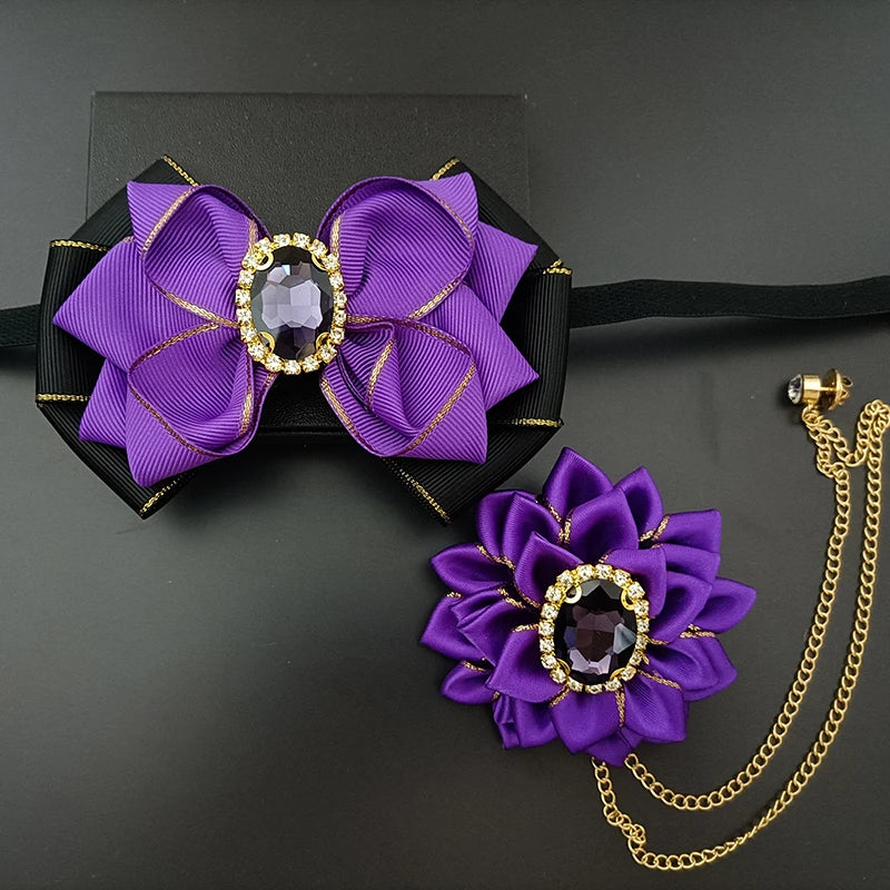 Wedding Bow Tie Corsage Men's Business Banquet Concert Suit Shirts Accessories Jewelry High-end Crystal Collar Flower Brooch Set