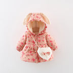 Winter Girls' Cotton Jacket, New Cute Children's Clothing, Solid Color Printed Girls' Cotton Jacket, Rabbit Ear Hooded Bag Gift