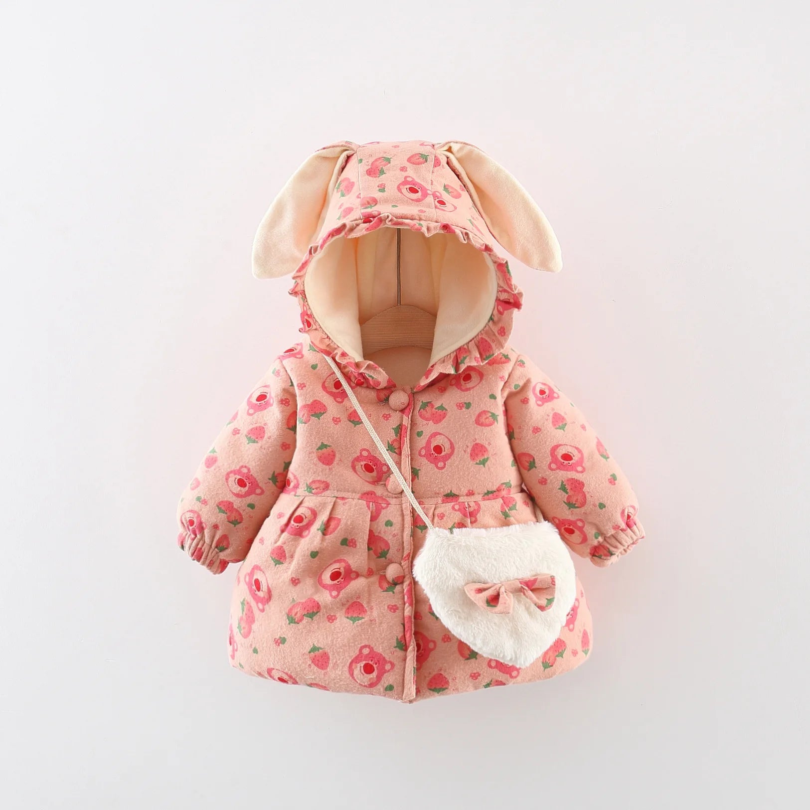 Winter Girls' Cotton Jacket, New Cute Children's Clothing, Solid Color Printed Girls' Cotton Jacket, Rabbit Ear Hooded Bag Gift