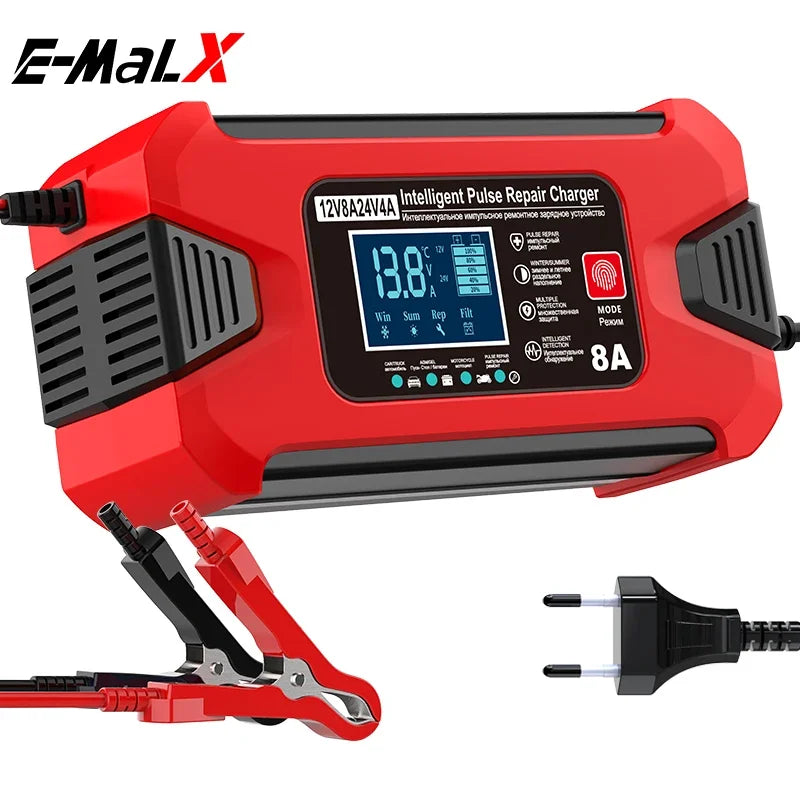 Battery Charger 12V 8A  24V 4A Smart Fast Charging for Car Batteries 8-Stage Charge Pulse Repair for AGM GEL WET Lead Acid