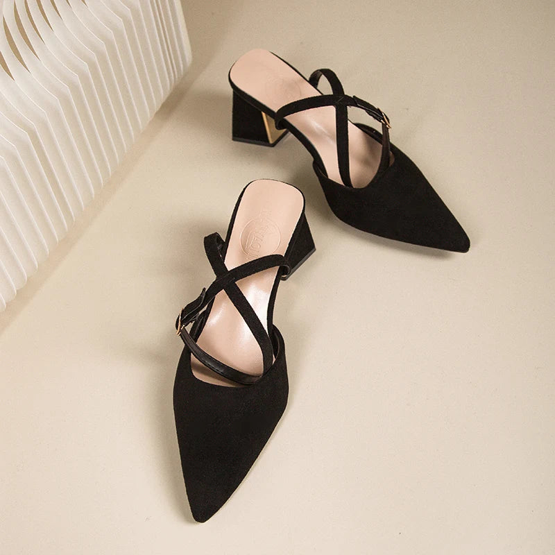 2025 Sandals for Woman Pointed Toe Chunky Footwear Closed Thick Heel Summer Block High Heels Heeled Pumps Women's Shoes Korea