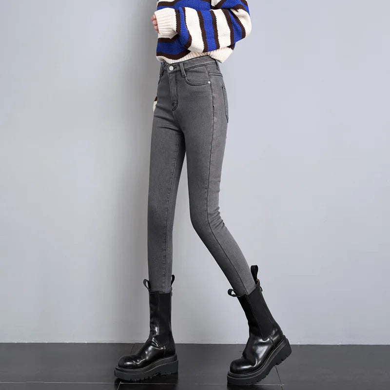 New Winter Women Snow Thermal Fleece Skinny Jeans Casual Lady Warm Velvet Thick Pencil Pants Female Basic Fleece Denim Trousers