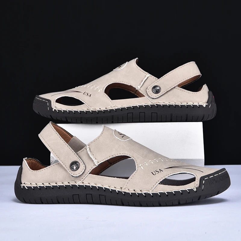 New Handmade Summer Sandals Men Breathable Leather Shoes Man Outdoor Men Sandals Antiskid Beach Sandals Hollow Shoes Fashion
