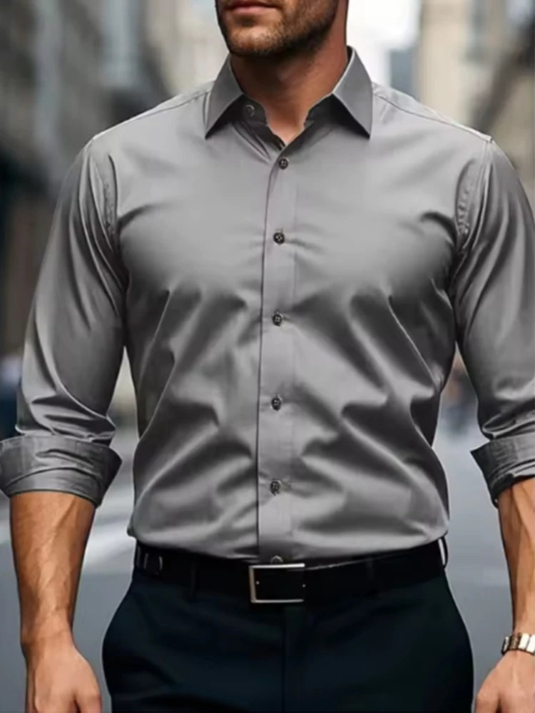 Men's formal shirt, summer long-sleeved, thin, business casual, breathable, no-iron, slimming, solid black color
