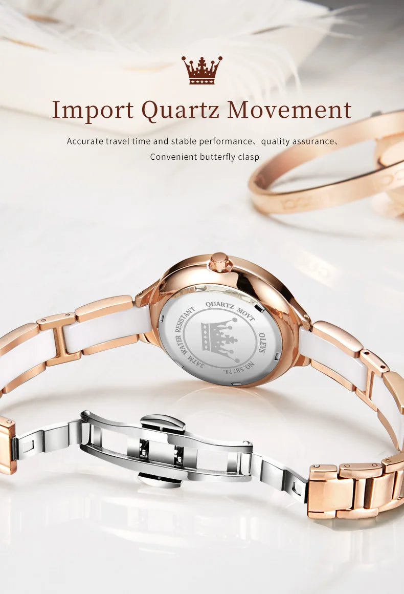 OLEVS 5872 Woman Watches Imported Japan Quartz Movement Waterproof Watch for Women Elegant Ceramic Strap Ladies Wristwatch Gifts