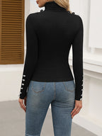 Women's Turtleneck Button Cuff Ribbed Knit T-shirt