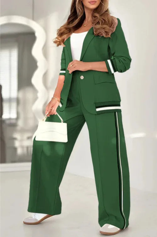 Pant Sets Women Wide Leg Pants Two Piece Set Button Coats Matching Sets Patchwork High Waist Elegant Trousers Pockets Sporty