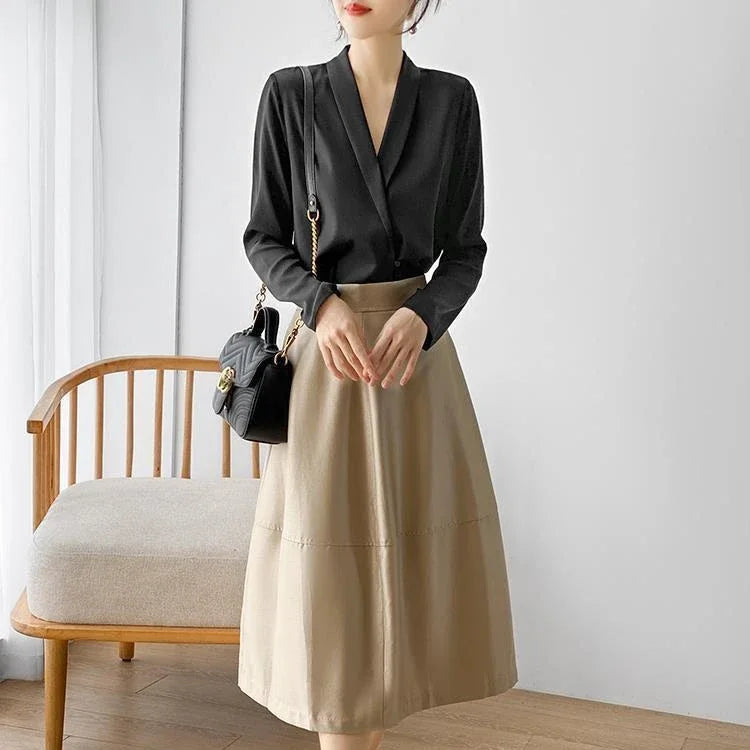 Women's Tunic V Neck Solid Color Elegant Blouses Spring Autumn Office Lady Silk Satin Solid Black White Long Sleeve Shirt Women