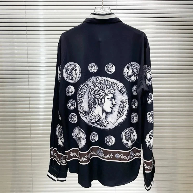 Men's shirt Vintage Character print 2025 Spring / Autumn Loose Version Classic Long-sleeved Lapel Fashion and leisure Top S-5XL