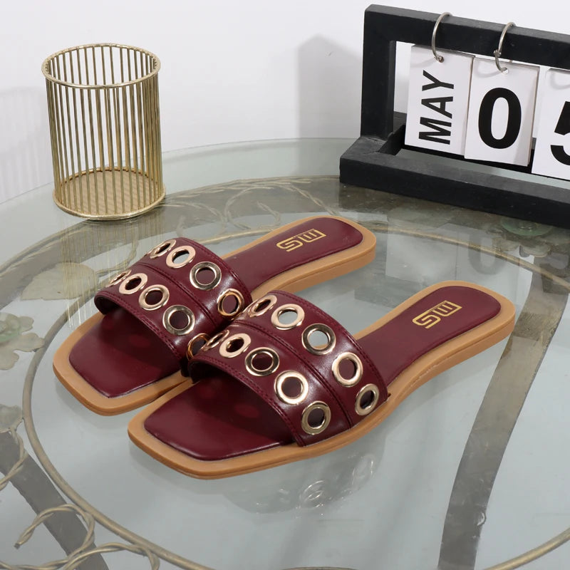 Women's slippers 2025 new summer wear casual hollow fashion Joker slippers square sandals light flat bottomed drag