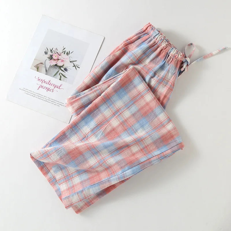 Pajama Pants Women Plaid Cotton Home Trousers Loose Breathable and Soft Straight Leg Trousers Fashionable Sleeping Pants