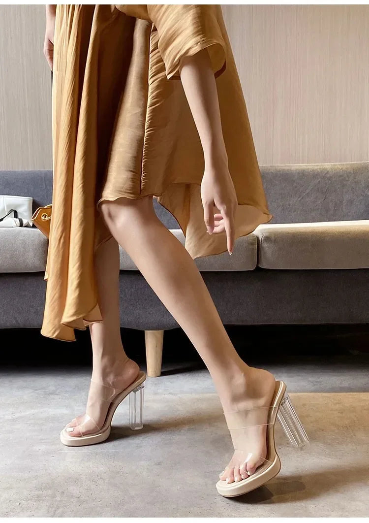 Women's High Heels 2025 Summer New Table  Line Not Tired Feet Thick Crystal Slippers Women's Shoes