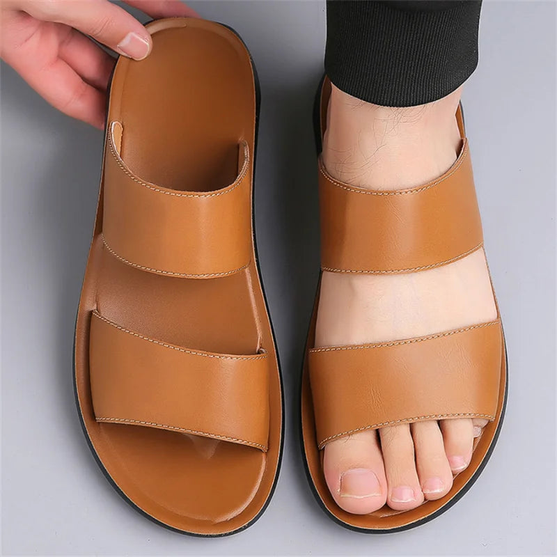 Slippers for Men Luxury Brand Leather Casual Slippers 2025 Summer New Beach Slippers for Men Non Slip Flat Sandals Large Size48