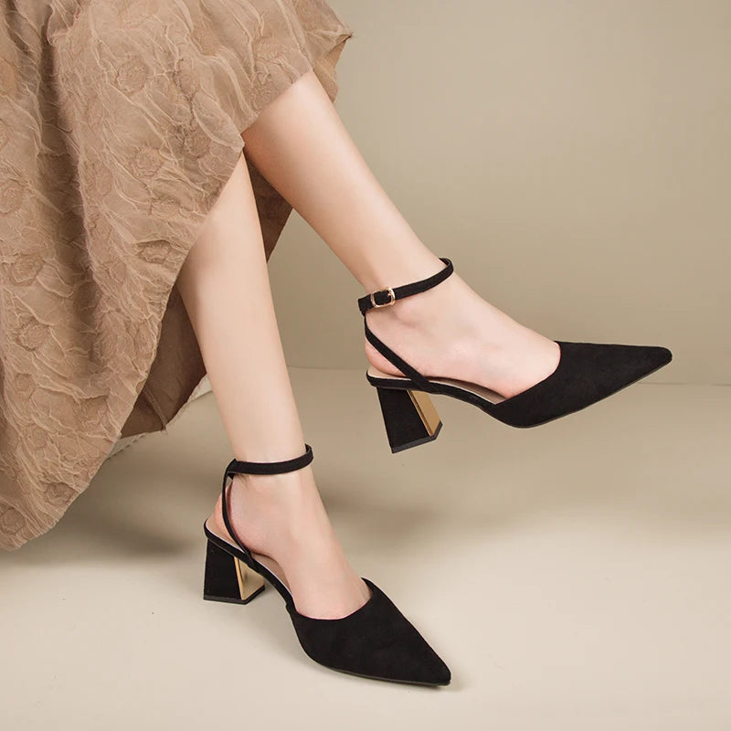 2025 Sandals for Woman Pointed Toe Chunky Footwear Closed Thick Heel Summer Block High Heels Heeled Pumps Women's Shoes Korea