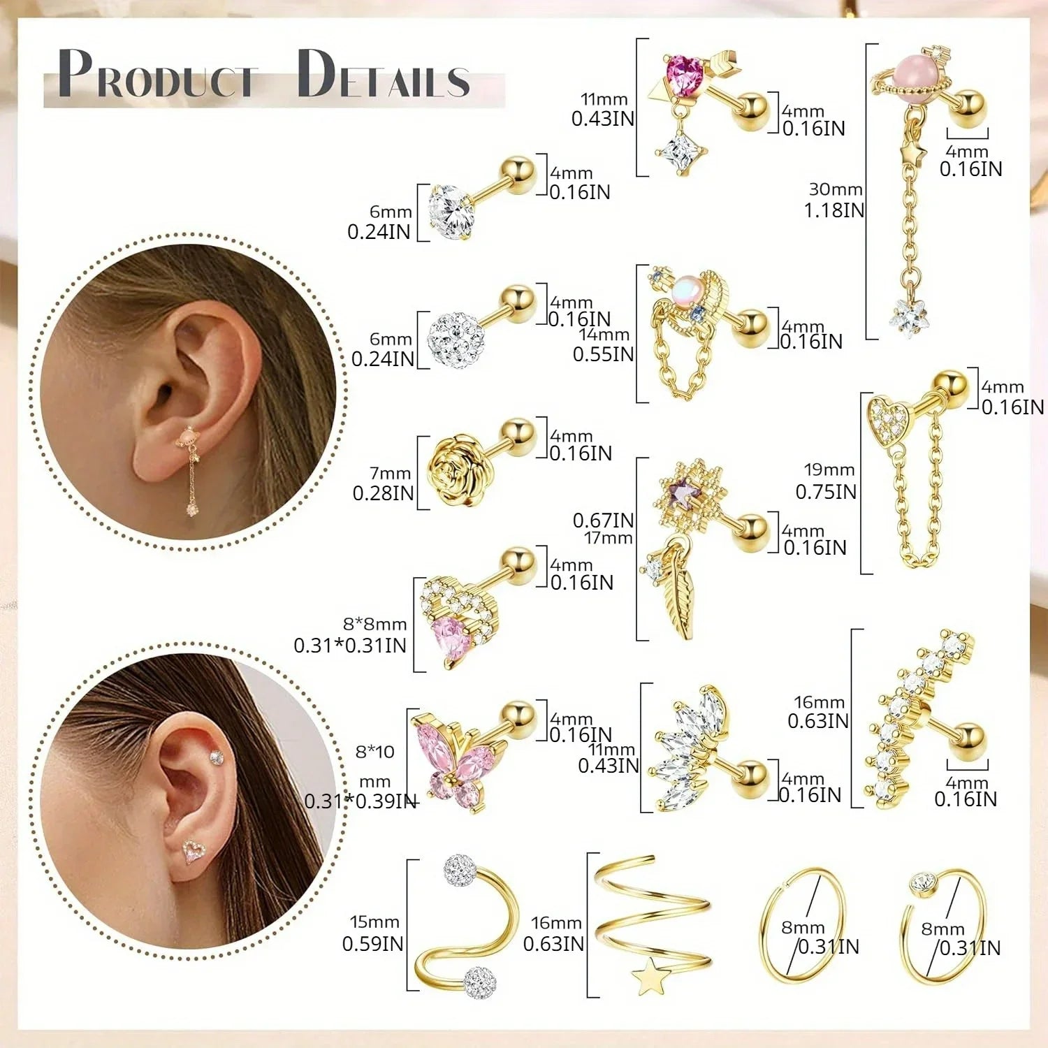 Bobisty 1PC Stainless Steel Cartilage Earring Stud for Women Flower Heart Hypoallergenic Screw Back Earrings Piercing Jewelry