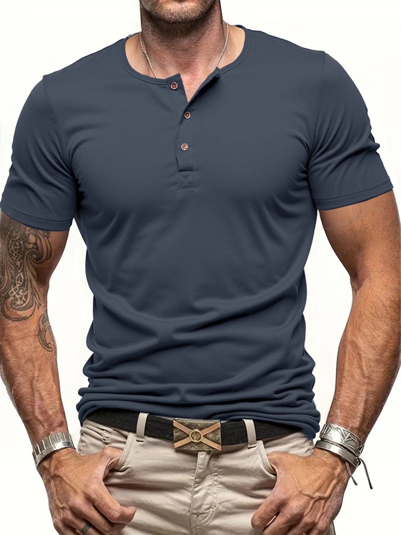 Men's Short Sleeve Henley Neck T-shirt Solid Color Male Tops Slim Fit Button Neck Casual Cozy Tshirt  Streetwear
