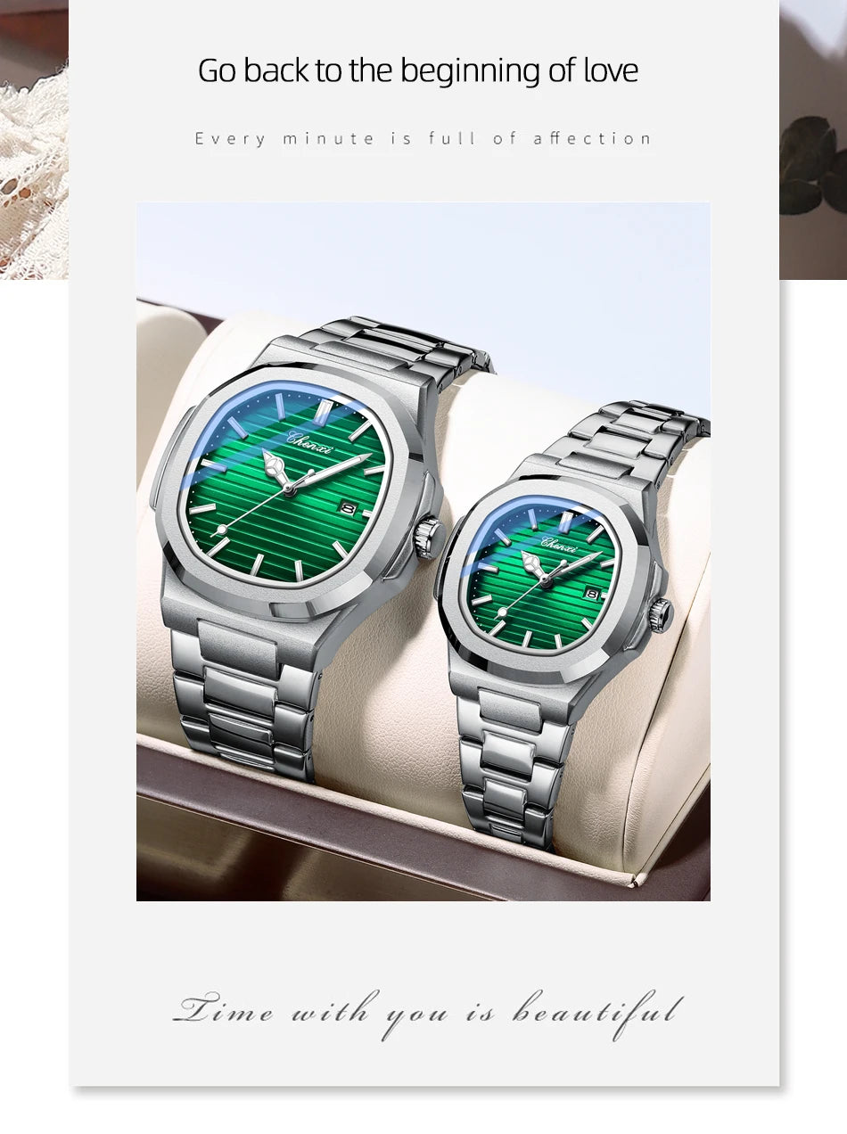 Fashion Couple Watches Men and Women Business Luxury Stainless Steel Quartz Wristwatch Waterproof Luminous Couple Watch Pair Set