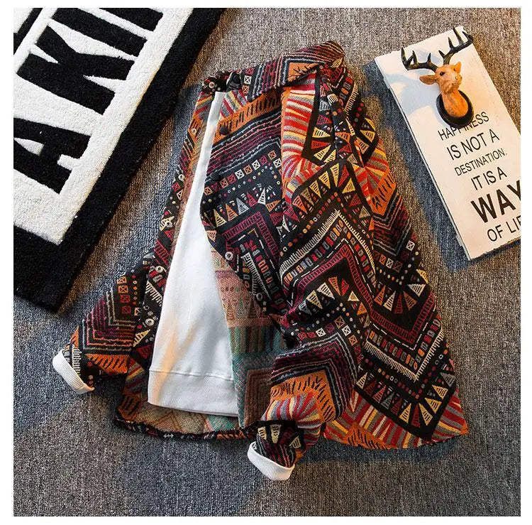Men's high-density woven shirt men's high-end retro ethnic style long sleeved shirt trendy clothing jacket men clothing shirt