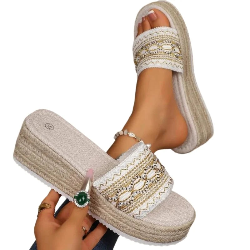 Women's Slippers  for Beach Heeled Sandals Bohemian Handmade Ladies Espadrillesm Ethnic Style Cotton Rope Platform Shoes