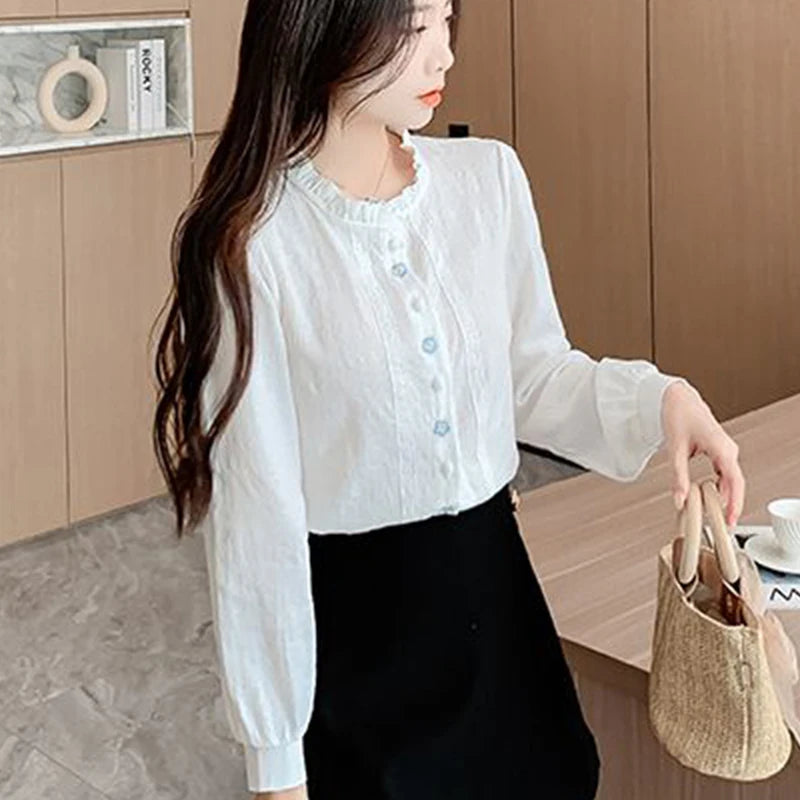 Woman's Embroidery Cotton Long-Sleeved Shirt New Stand Collar Stitching Ruffled Shirts Female Temperament Age-Reducing Thin Top