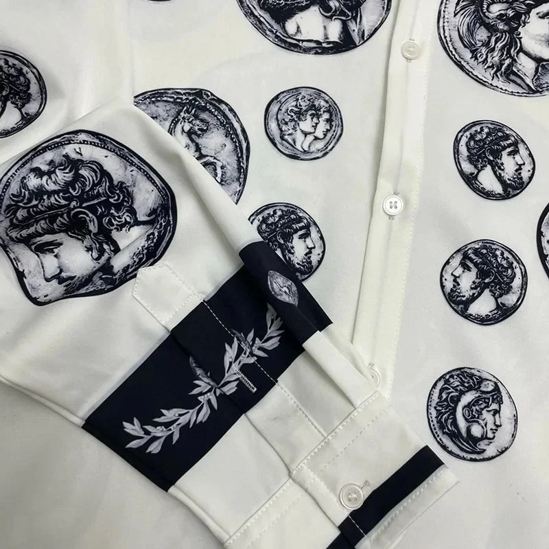 Men's shirt Vintage Character print 2025 Spring / Autumn Loose Version Classic Long-sleeved Lapel Fashion and leisure Top S-5XL