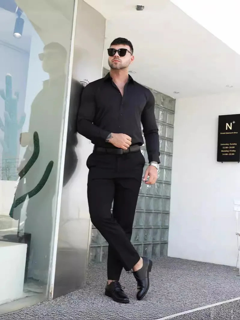Men's formal shirt, summer long-sleeved, thin, business casual, breathable, no-iron, slimming, solid black color