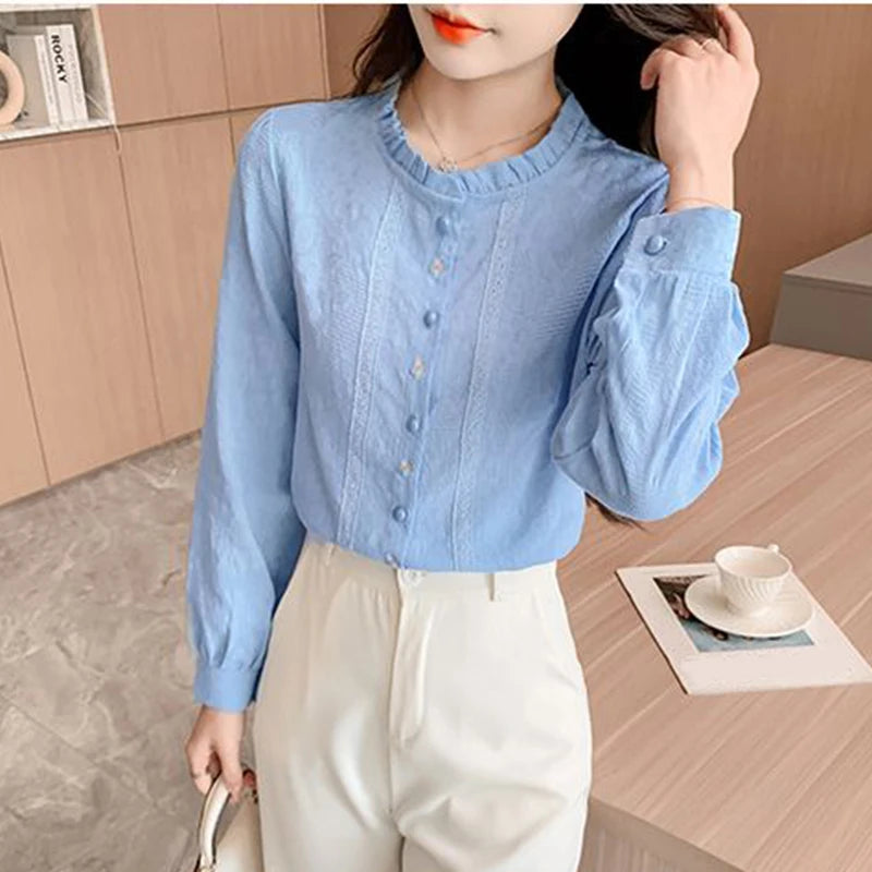 Woman's Embroidery Cotton Long-Sleeved Shirt New Stand Collar Stitching Ruffled Shirts Female Temperament Age-Reducing Thin Top