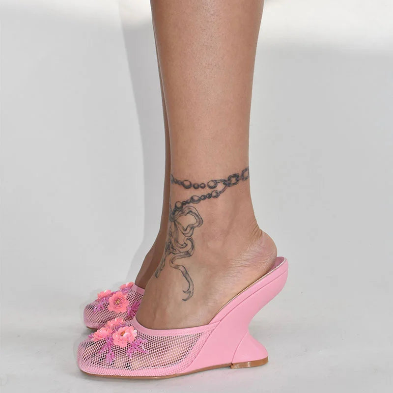 Woman Sandals 2025 Summer Fashion Sexy Hollow Out Strange Style Female Shoes Crystal Flower Decoration High Heel Ladies Slippers