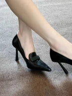 2025 Early Spring New High Heels for Women's Sexy Leather Small Square Buckle Pointed Toe Shallow Mouth Elegant Slim Heels Shoes