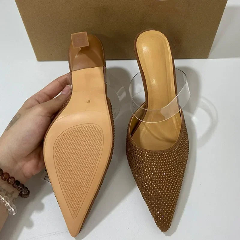 High Heels Mules Sandals Woman Sexy Summer Footwear 2025 Fashion PVC Transparent Pointed Bling Rhinestone Prom Party Shoes