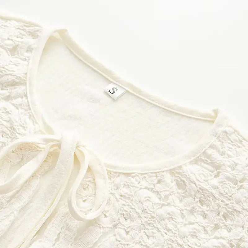 Women's Embroidery Crochet Hollow Shirts High Waist Skirt Suit Suit Mesh O-neck Full Sleeve Blouse Solid Color Skirt Set