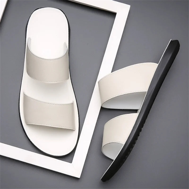 Slippers for Men Luxury Brand Leather Casual Slippers 2025 Summer New Beach Slippers for Men Non Slip Flat Sandals Large Size48