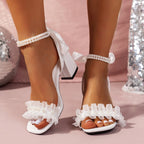 High Heels Women Sandals 2024 New Summer Wedding Shoes Bride Heels for Women Elegant Solid Lace Flower Designer Sandals