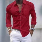 Men's Shirt - New Spring-Autumn Style Business Casual Solid Check Pockets Design Collar Buttoned Long-Sleeved Shirt