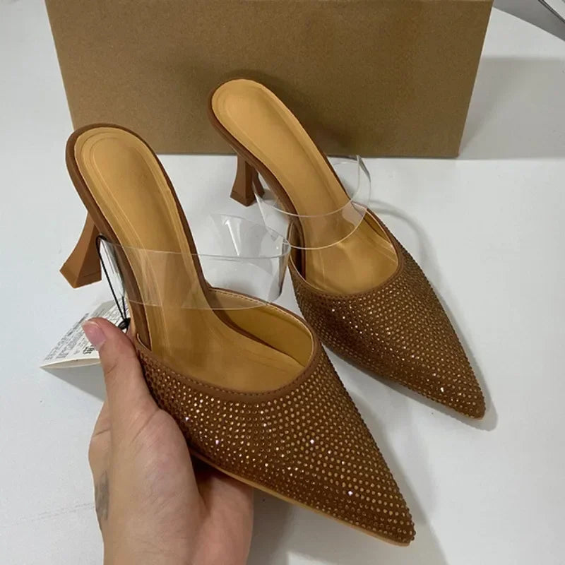 High Heels Mules Sandals Woman Sexy Summer Footwear 2025 Fashion PVC Transparent Pointed Bling Rhinestone Prom Party Shoes