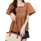Women's Clothing Folk Embroidery Shirt Casual Loose Stylish Folds Hollow Out Summer Short Sleeve Elegant Square Collar Blouse