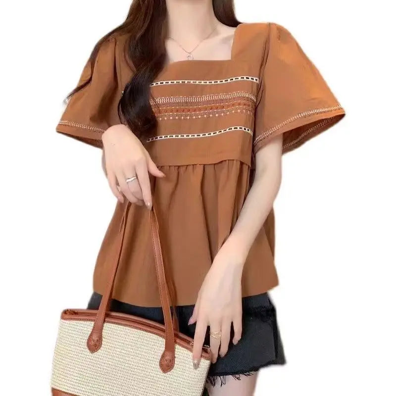 Women's Clothing Folk Embroidery Shirt Casual Loose Stylish Folds Hollow Out Summer Short Sleeve Elegant Square Collar Blouse