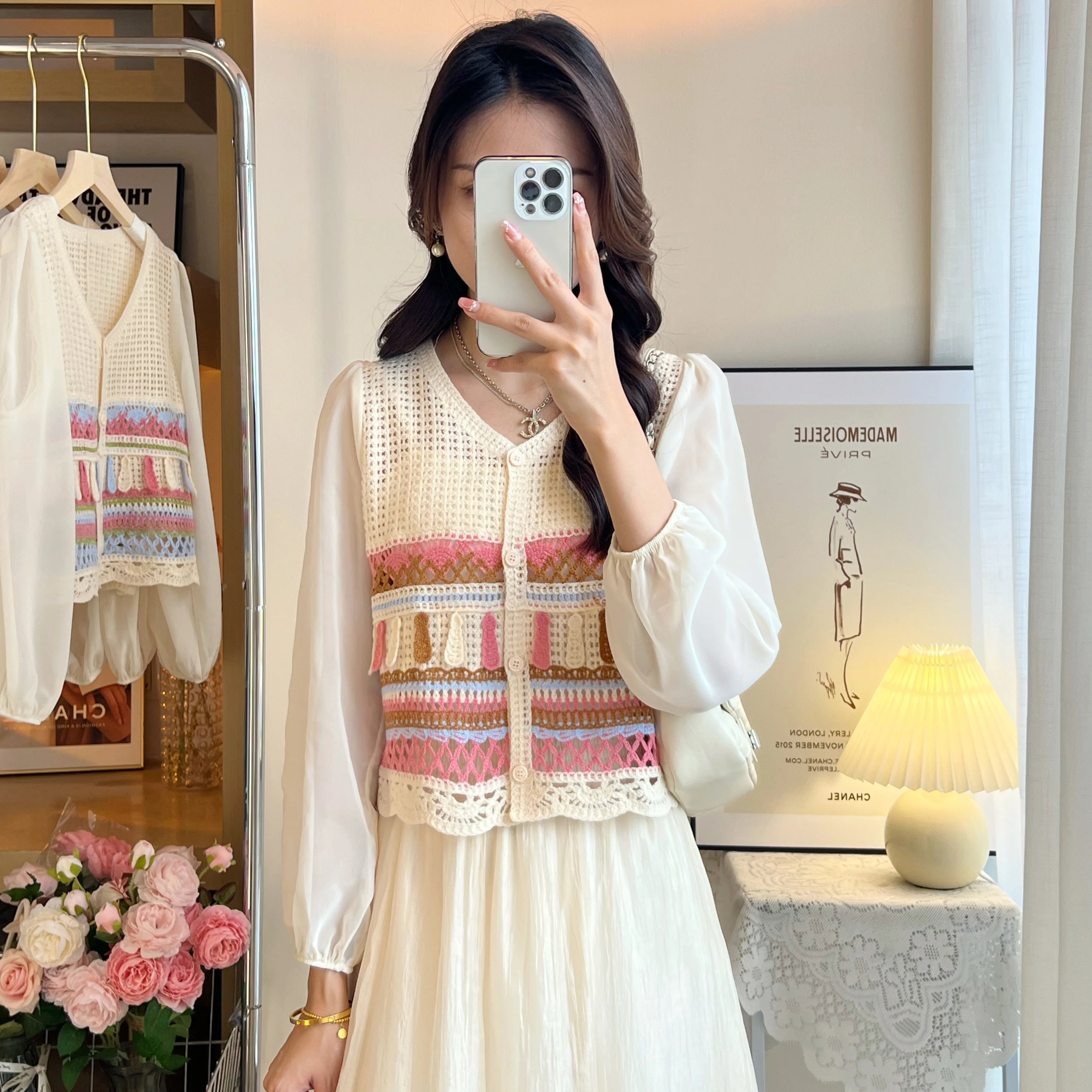 Women Tops Embroidery Crochet Top with Chiffon Sleeve Button Front Airy Shirts Sheer Open-knit Blouses Summer Vacation Outfit